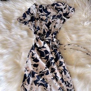 Leith Wrap Dress with navy, peach, white floral print